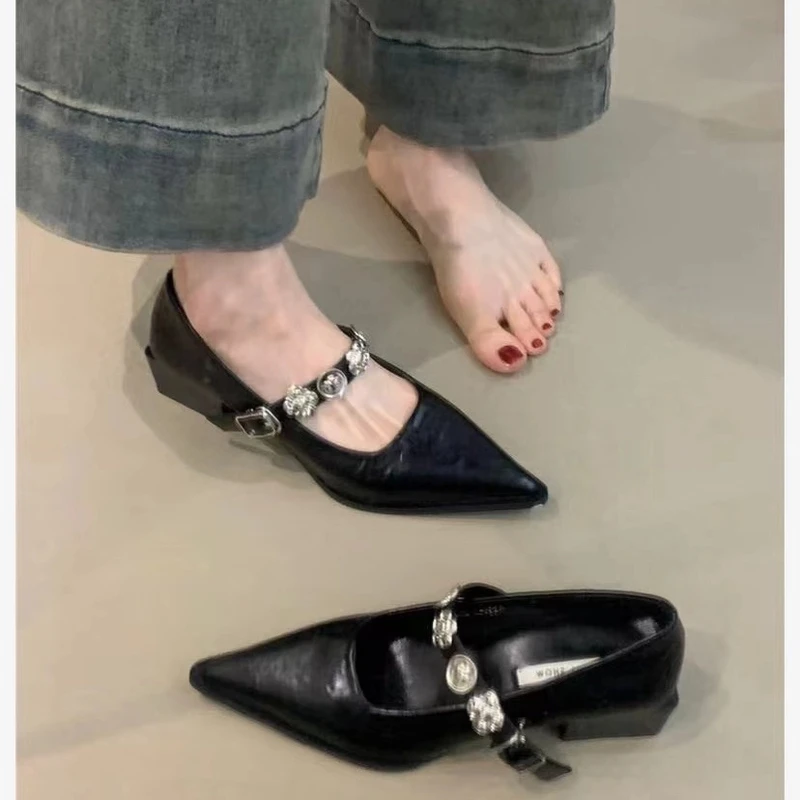DPX-A236-2气质粗跟玛丽珍鞋2025法式金属扣尖头一字带通勤单鞋女