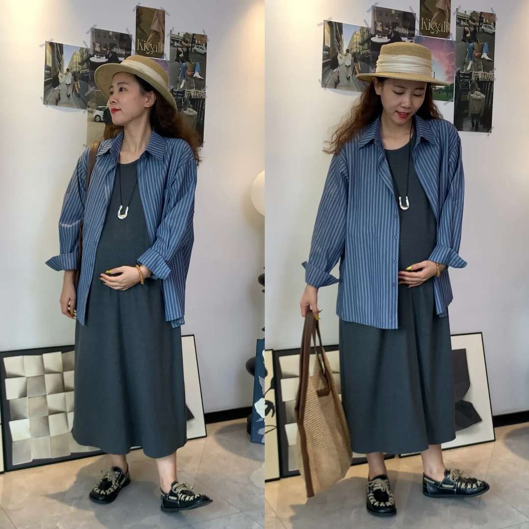梨形身材穿的孕妇装春秋韩系翻领肌理感条纹宽松中长款衬衫上衣