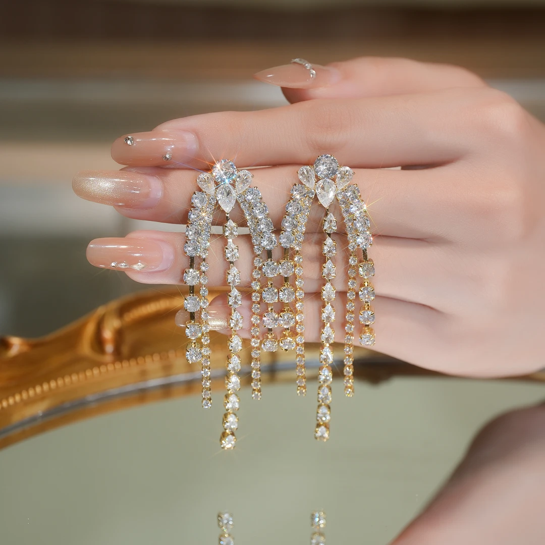 铜合金合成锆石耳饰 10569铃铛耳环日韩时尚法式几何图案满钻长款