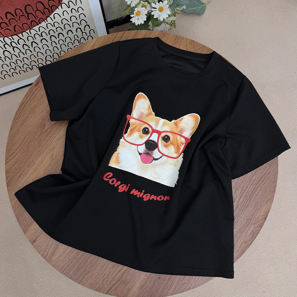 微胖MM夏季宽松正肩显瘦印花圆领短袖眼镜狗T恤  6263