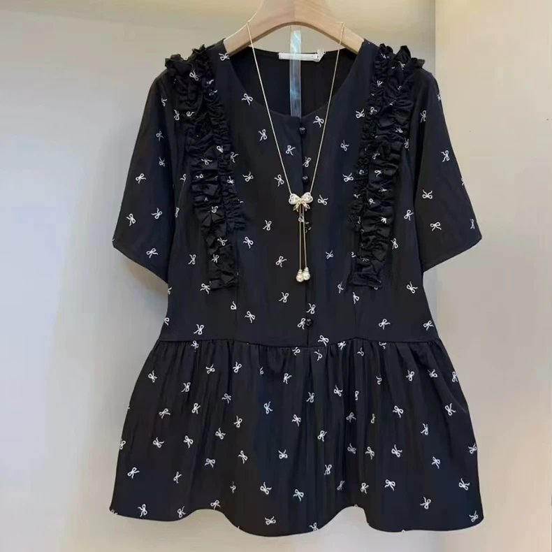 大码女装夏季新款时尚大衫女韩版圆领蝴蝶结印花拼接遮肉女人衫潮