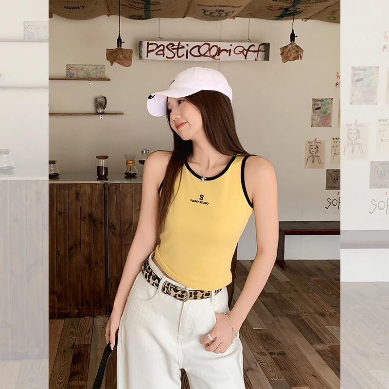 夏季撞色字母吊带背心女工字独特别致外穿修身无袖小上衣通勤显瘦