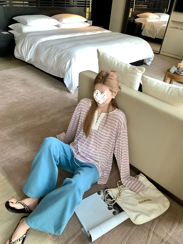 条纹长袖T恤女中长款圆领防晒罩衫
