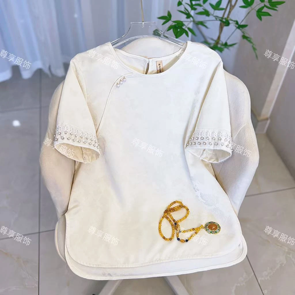 【云娇】2025新款新中式国风上衣夏季蕾丝刺绣百搭短袖T恤提花透气