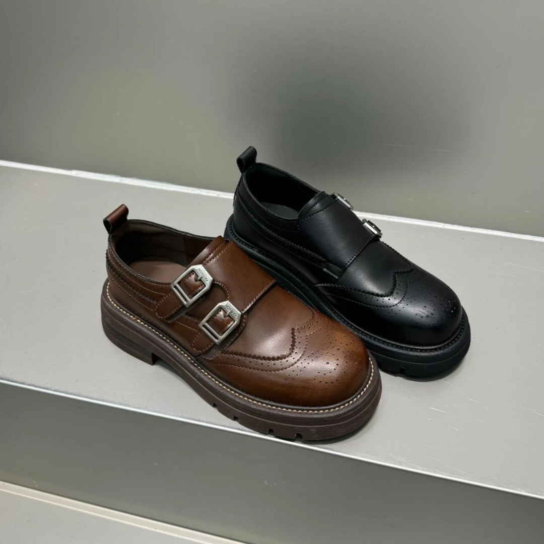 牛皮版~真皮厚底增高小皮鞋女英伦风布洛克雕花双扣圆头乐福鞋子