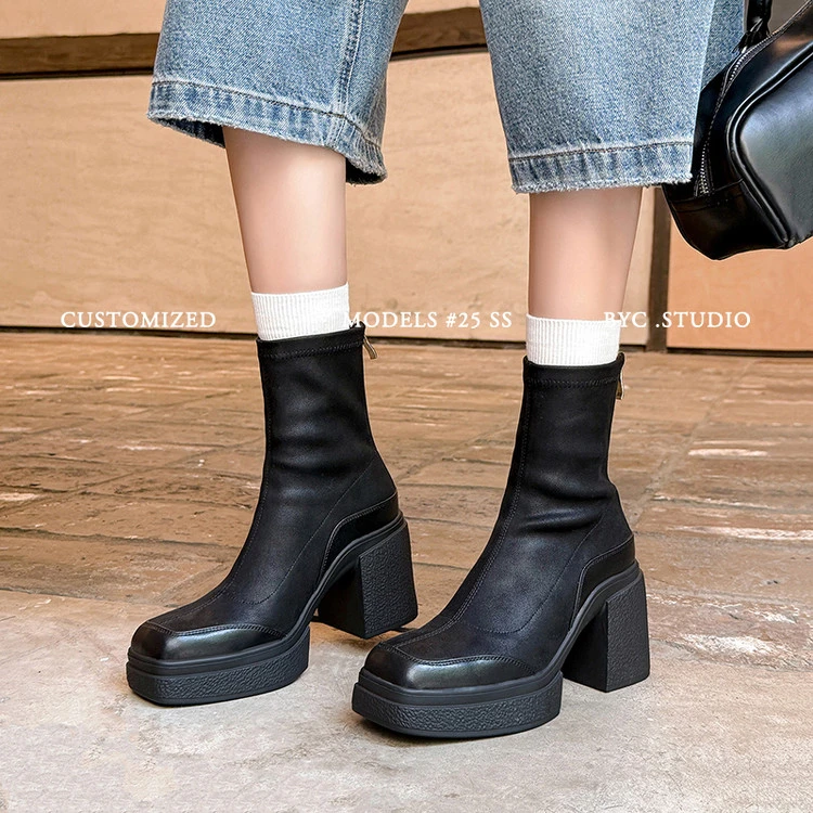 方头粗高跟8CM小个子马丁靴女秋冬季英伦风靴子黑色瘦瘦靴