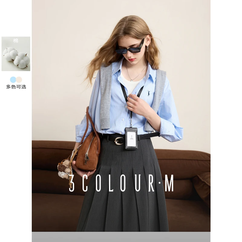 三彩2025春季新款条纹衬衫小鹿刺绣翻领宽松衬衣开衫休闲叠穿M