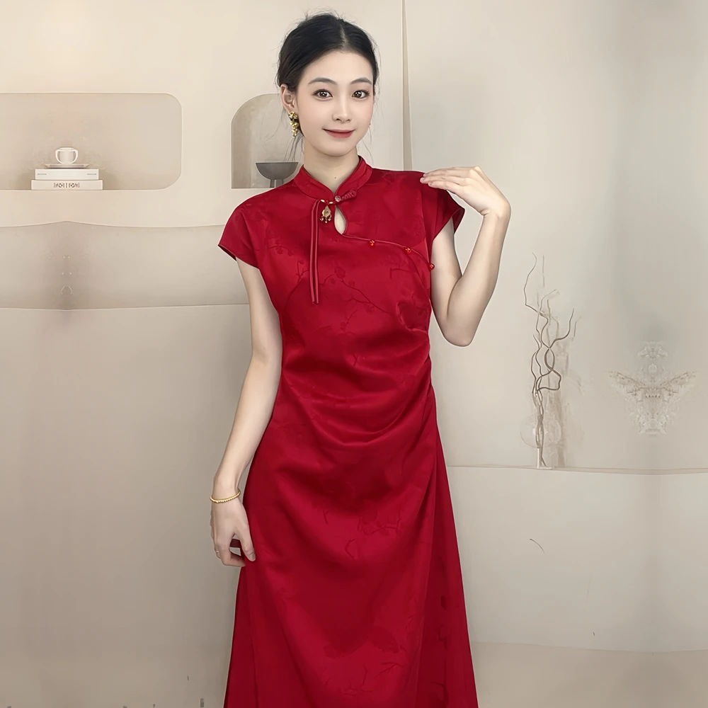 夏季红色中国风新中式褶皱旗袍年轻款订婚礼服敬酒服新娘结婚旗袍