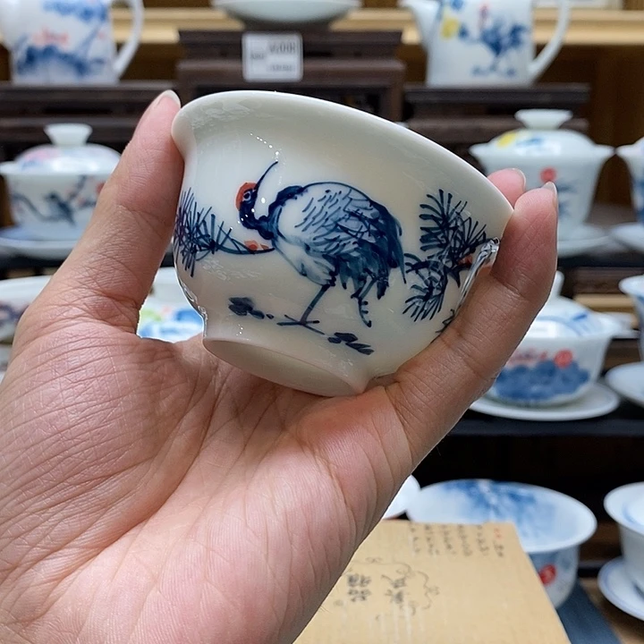 手绘松鹤压手杯85cc釉下彩微瑕福利款