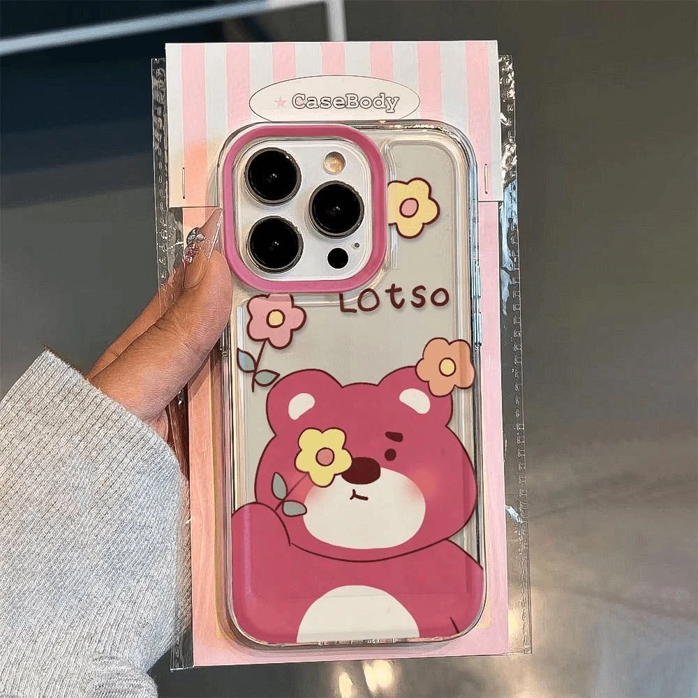 鲜花草莓熊适用于苹果16/15手机壳iPhone14透明大孔13pro可爱12