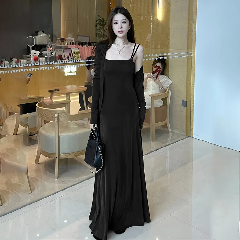 春夏两件套双肩长袖针织吊带连衣裙宽松露肩冰丝气质薄款8035