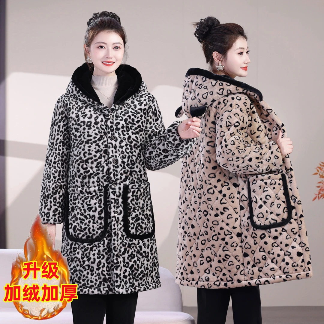 新款时尚棉袄女百搭加绒特厚保暖防寒大衣外套居家服豹纹加厚罩衣