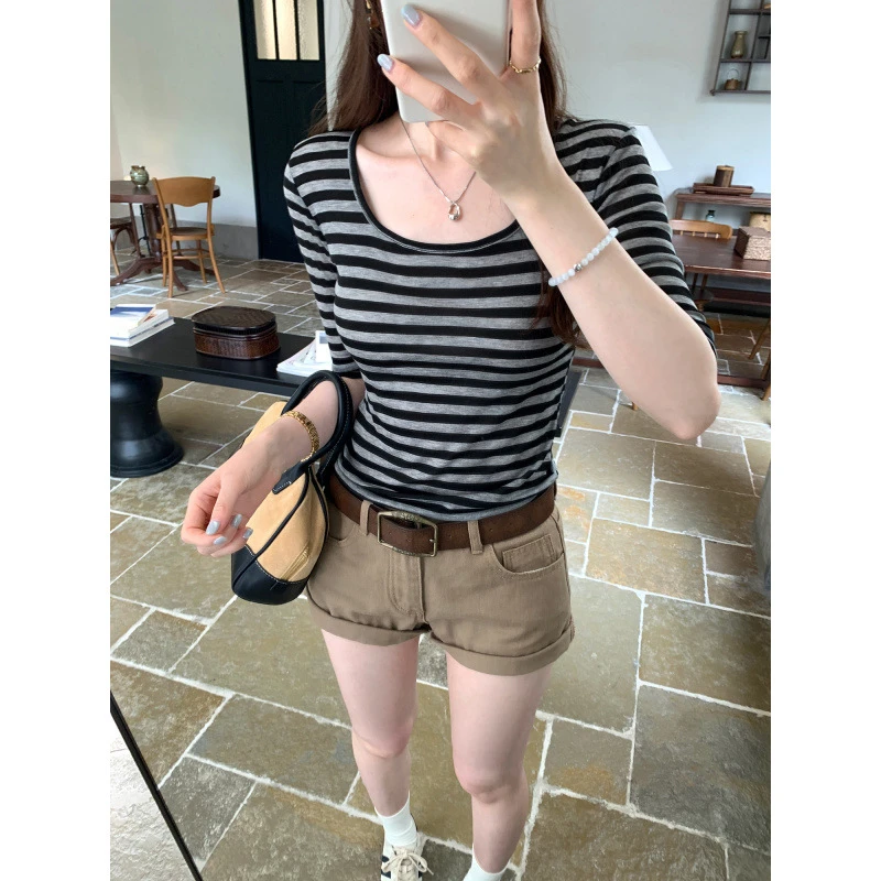 莱赛尔天丝薄款黑杏条纹撞色正肩短袖T恤女2025夏季新款掐腰上衣