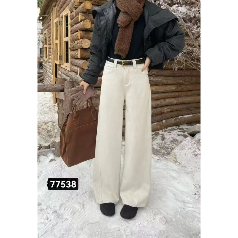冬季新款百搭白色加绒直筒裤磨毛休闲宽松西显瘦牛仔裤KZ042#