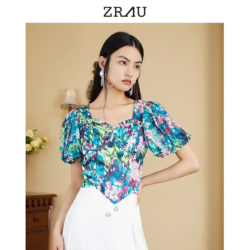 【老板娘夏天】ZRAU精致抽象印花优雅百搭泡泡袖上衣91030221556