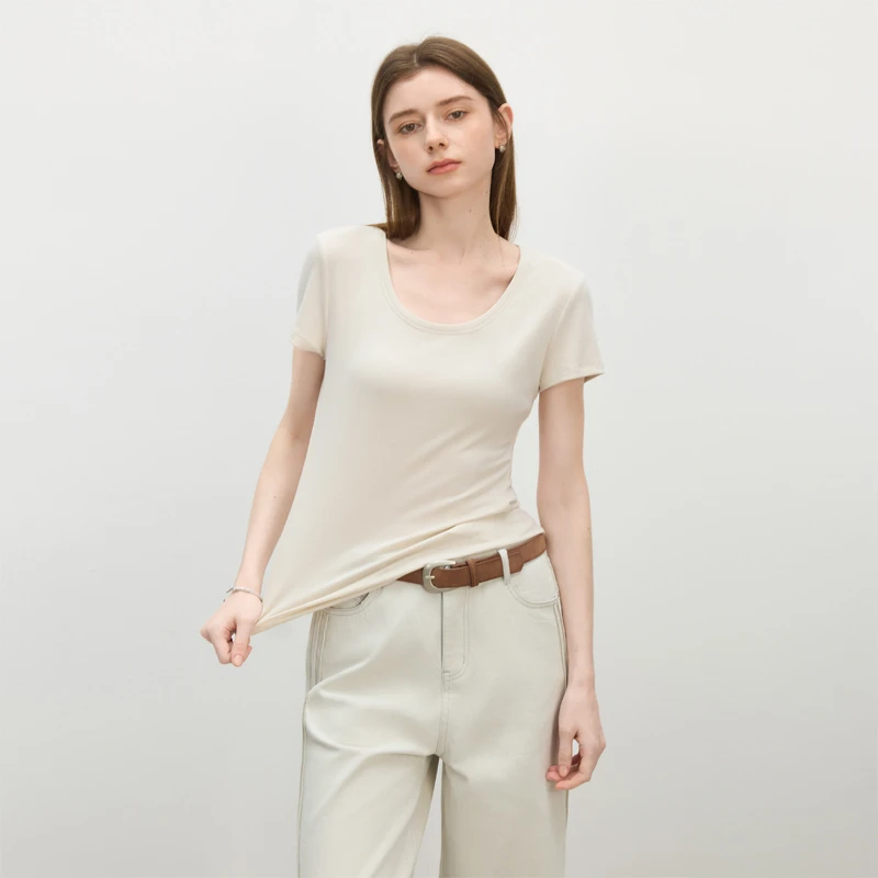 范思蓝恩U型领短袖t恤女夏季2025新款软糯松百搭上衣25FS12552
