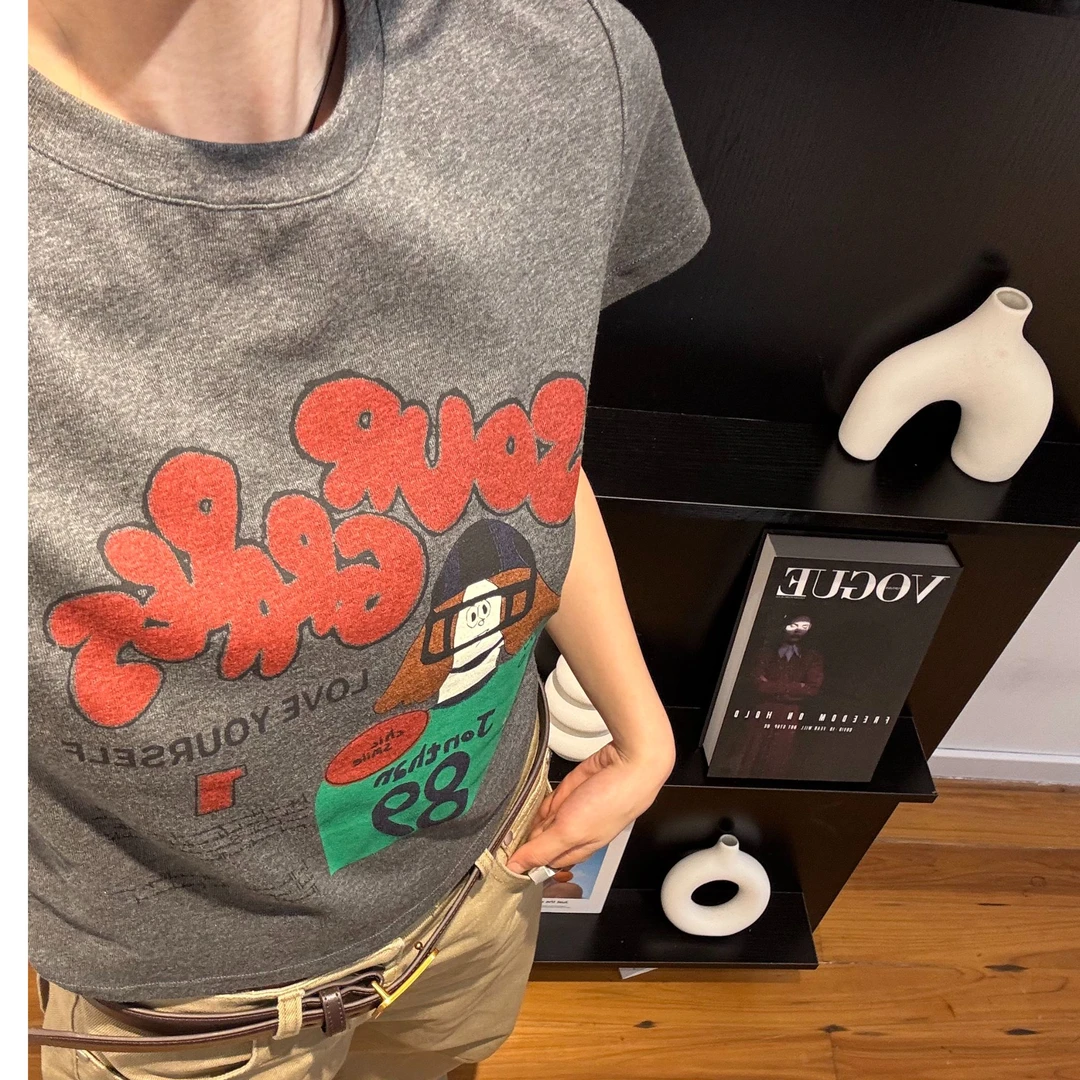 PEACE&LOVE灰色卡通T恤