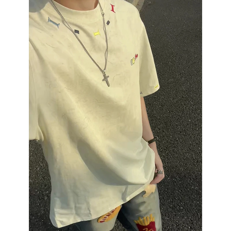 彩色刺绣短袖T恤男款夏季设计感小众情侣装潮牌圆领百搭半袖体恤