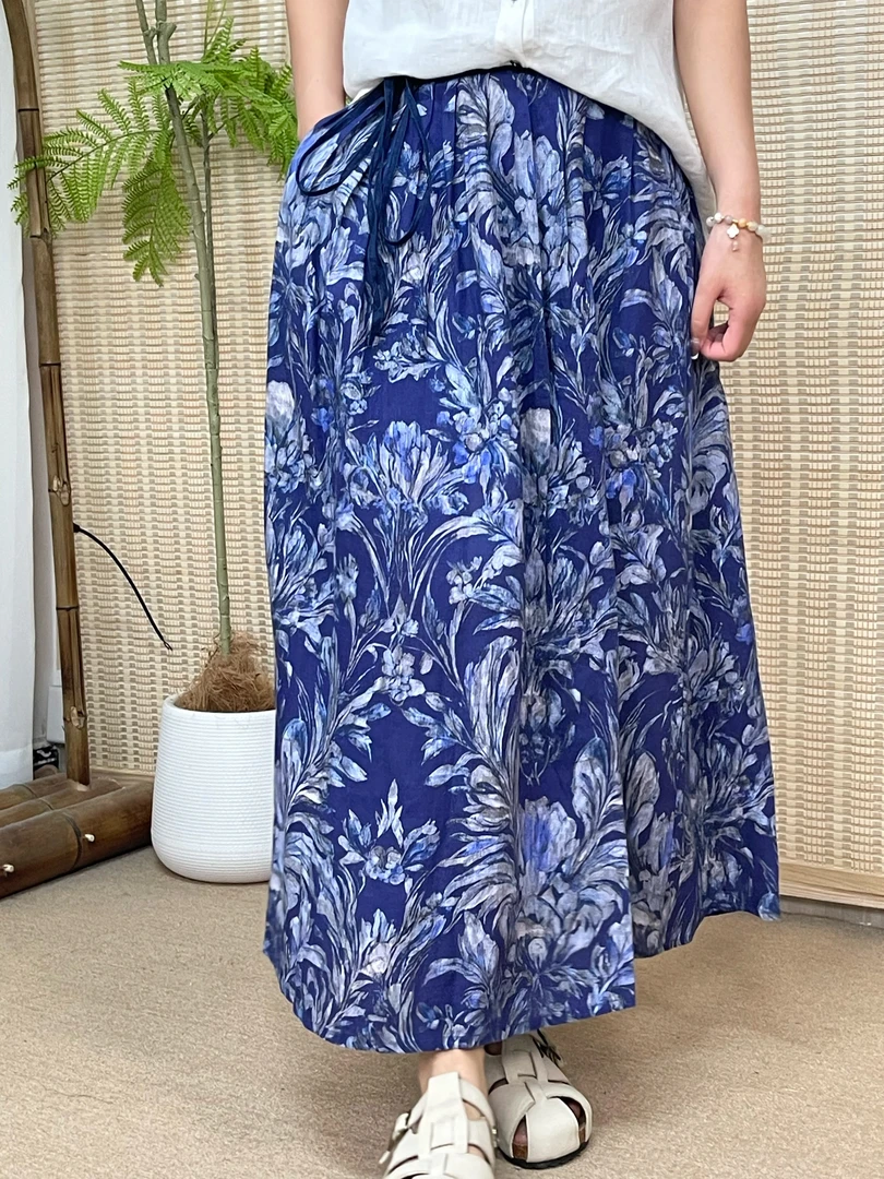 【青花】2025夏100汉麻印花半松紧腰抽绳半身裙文艺复古女半裙35703