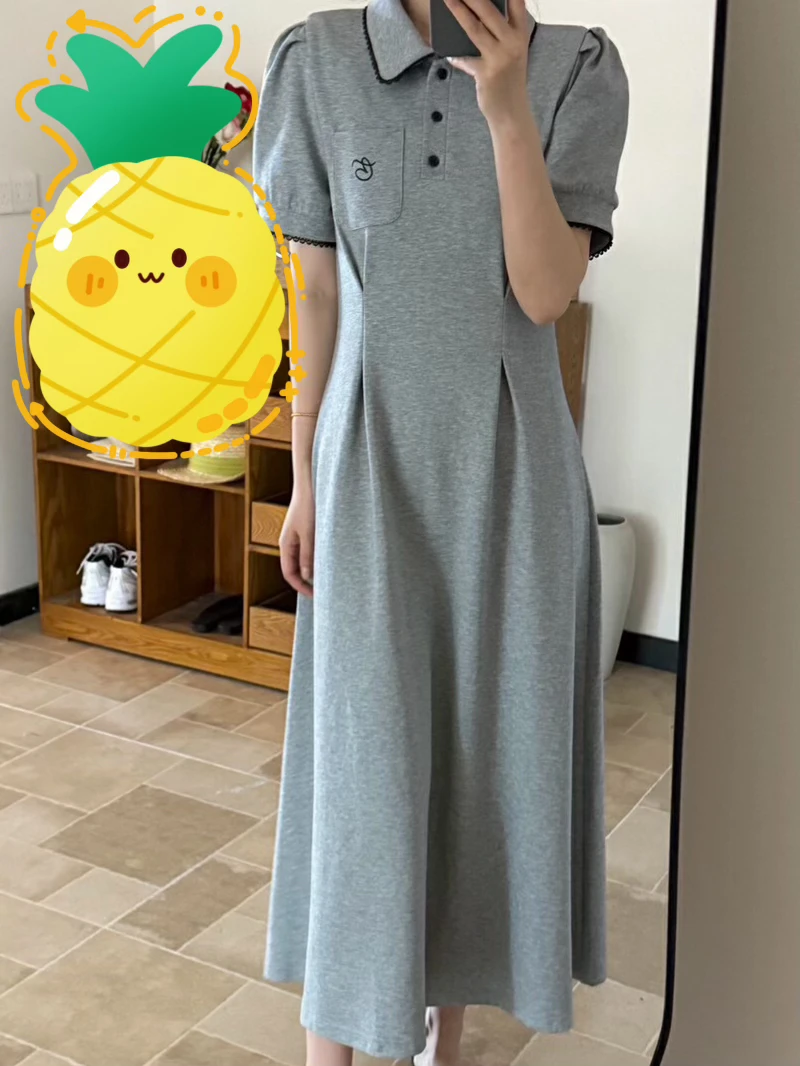 纯色休闲大码Polo领长款连衣裙小个子长裙学院风夏季泡泡袖
