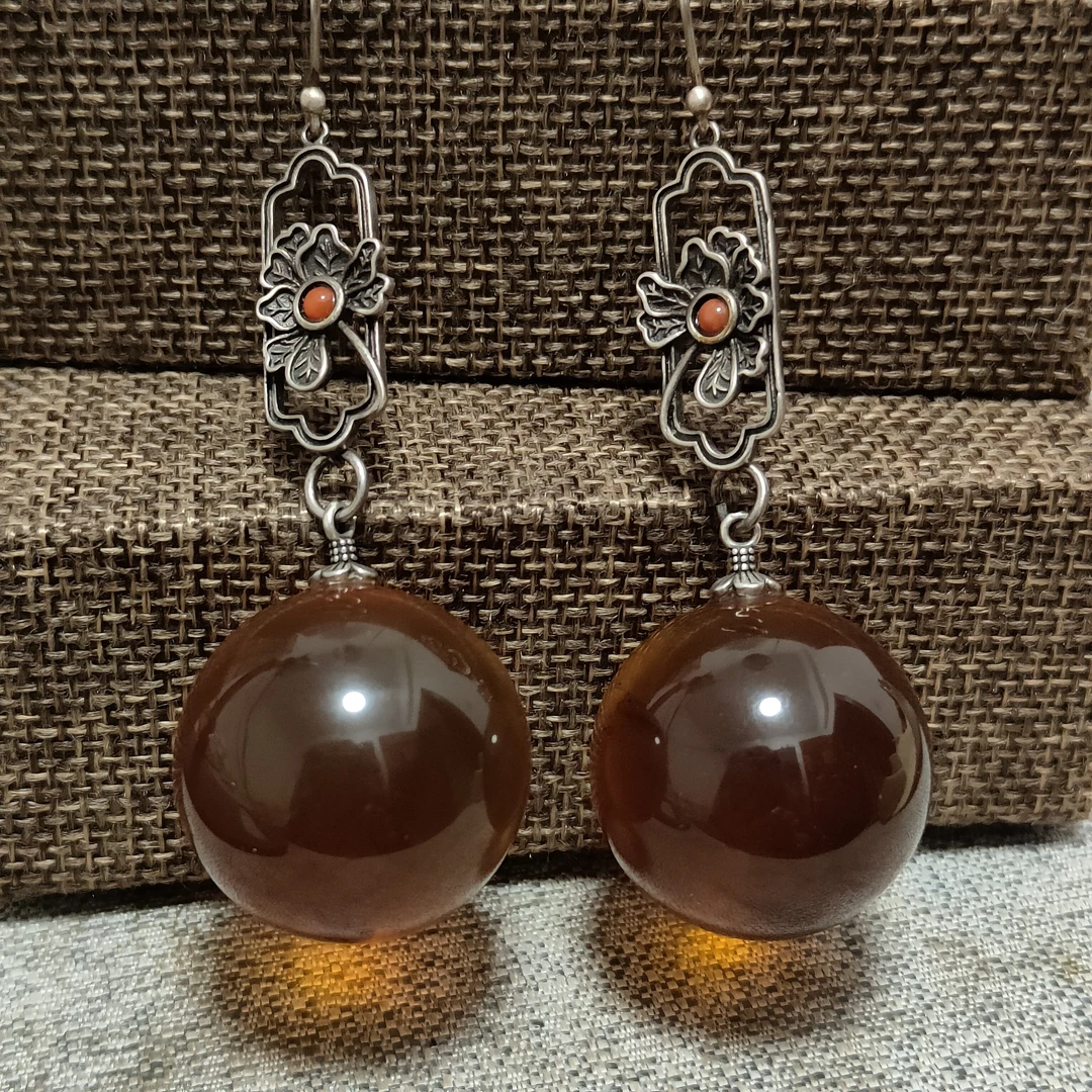 通体S925银镶嵌天然缅甸琥珀紫罗兰27毫米左右珠子重工复古大耳坠