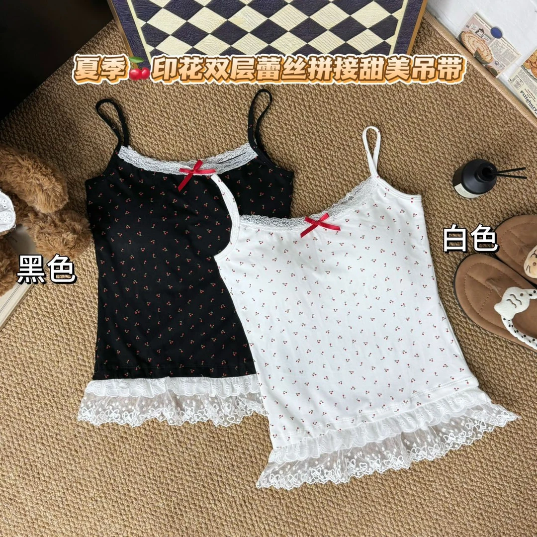 芭蕾风白色碎花蕾丝吊带背心女夏季2025辣妹内搭外穿收腰bm上衣