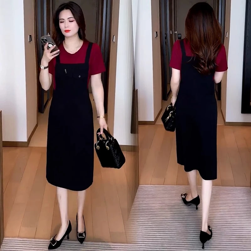 时尚牛仔开叉连衣裙女爆款洋气宽松显瘦假两件拼接中长款背带裙潮