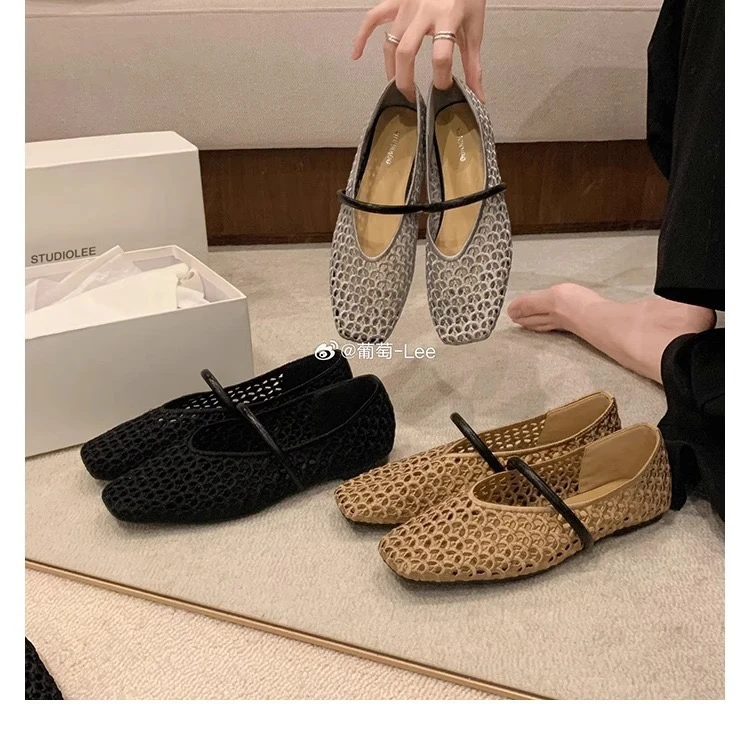 单鞋女夏季2025新款镂空编织透气渔网纱面平底浅口法式玛丽珍凉鞋