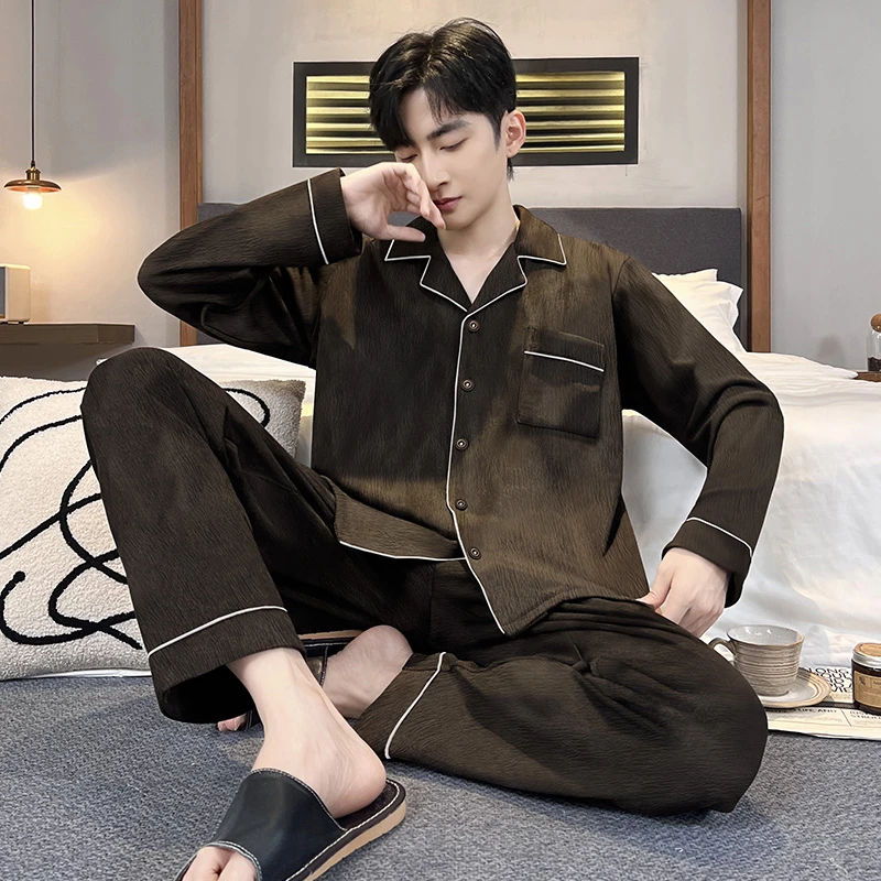 春秋夏季睡衣男士云朵棉长袖薄款棉绸套装青少年宽松家居服可外穿