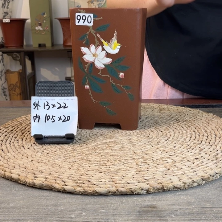 紫砂花盆 紫泥手绘签筒990
