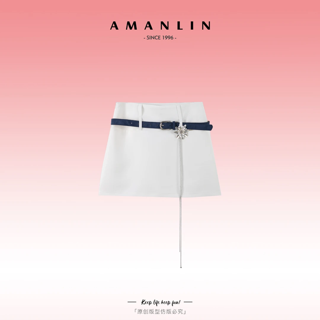 AMANLIN/阿谩琳欧若风显瘦高腰百搭A字半身纯色简约风短裙D595730