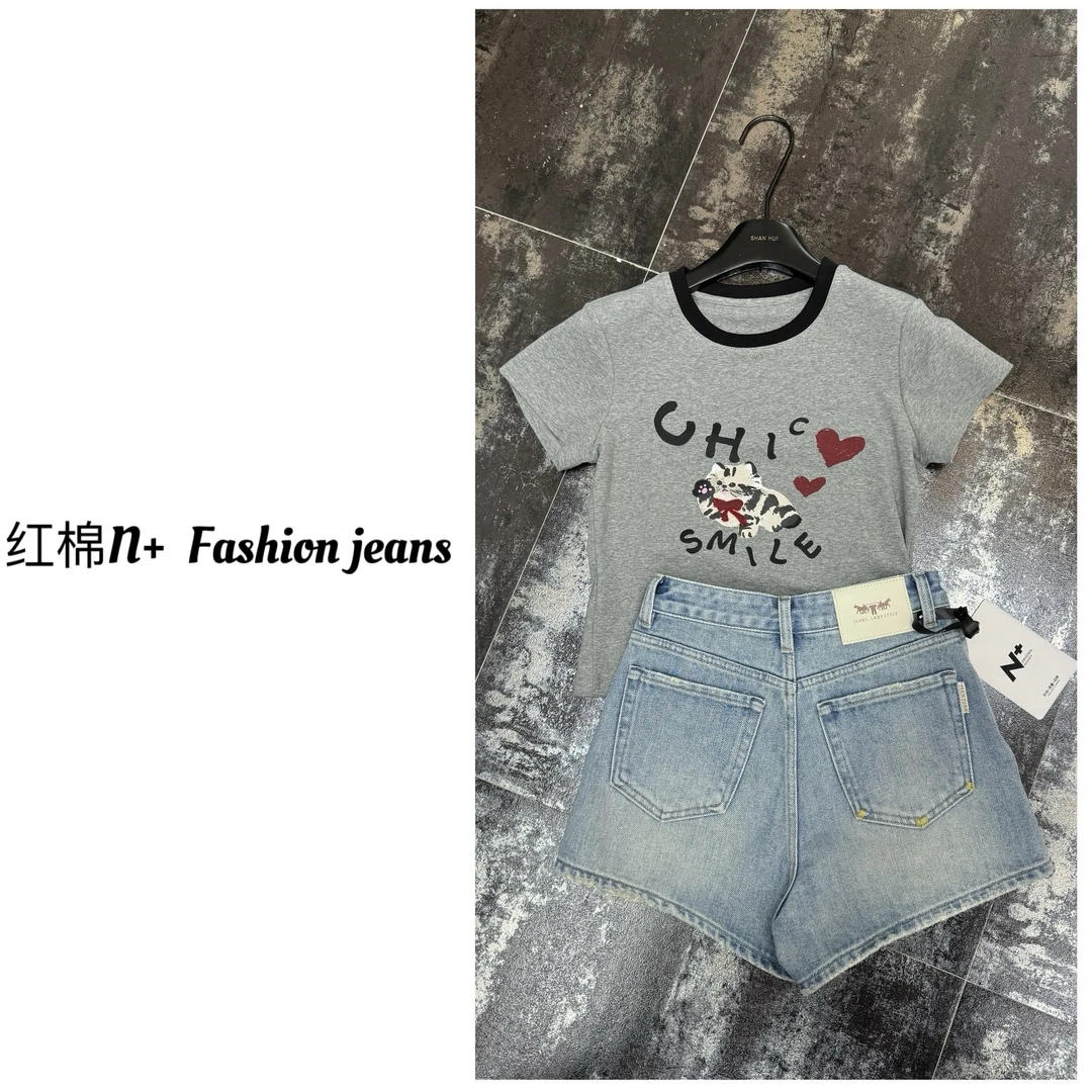 N+定制67586-1巴黎铁塔夏季显瘦百搭时尚休闲宽松高腰牛仔短裤