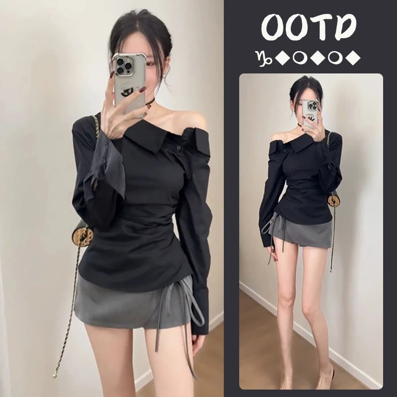 2025春季新款法式减龄洋气斜肩短款长袖衬衫上衣衬衣短裙两件套