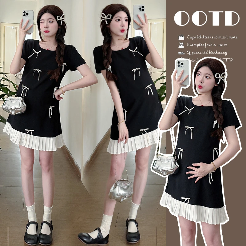 孕妇装连衣裙2025月光夜曲设计感圆领立体短袖蝴蝶结气质连衣裙