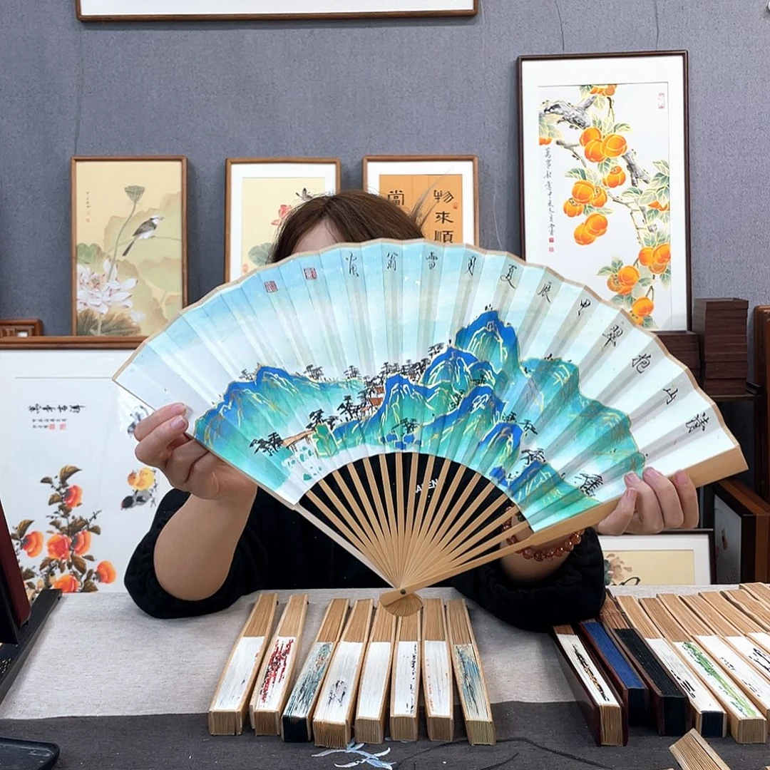 国画95寸玉竹-纯手绘-文玩扇骨（默认粘好）