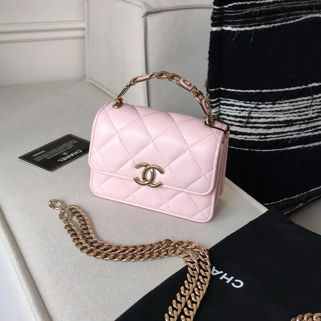 95新 Chanel/香奈儿 22S浅粉羊皮珐琅Coco手柄款斜挎包43722