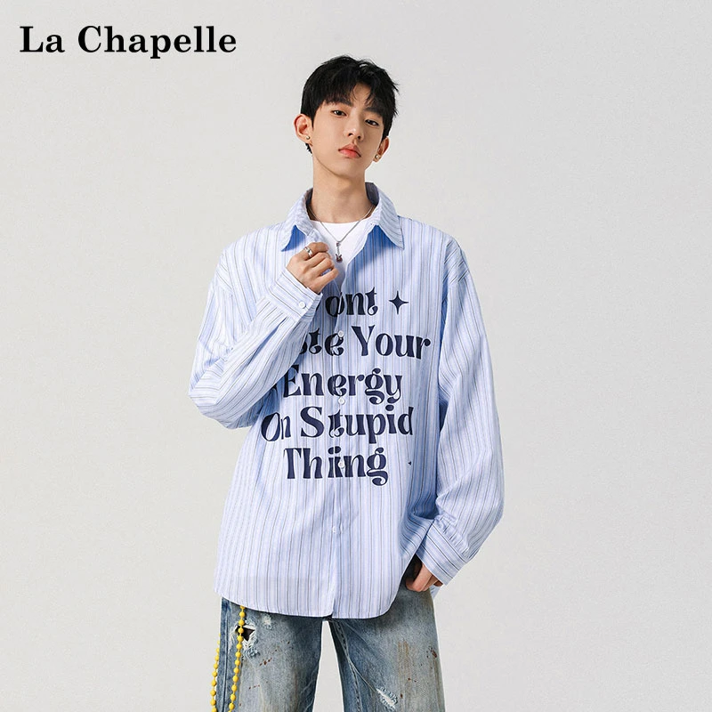 La Chapelle/拉夏贝尔美式条纹字母印花长袖衬衫宽松情侣衬衣外套