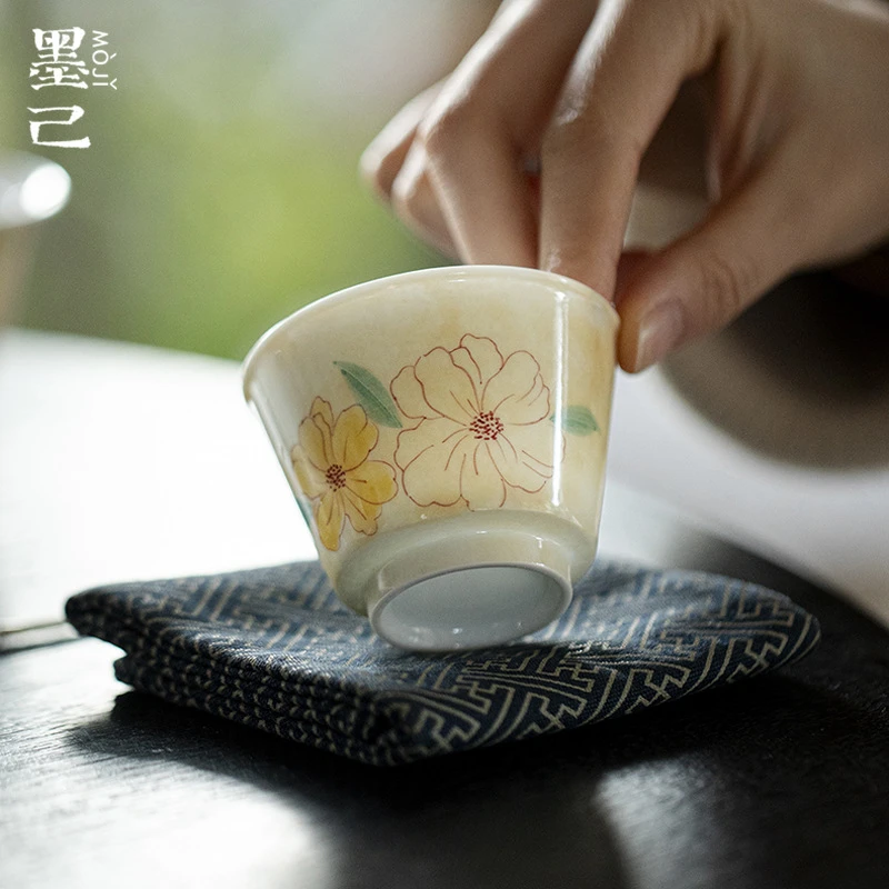 墨己手绘墨染暖黄花境主人杯茶具陶瓷家用大号品茗杯玉泥白瓷茶杯
