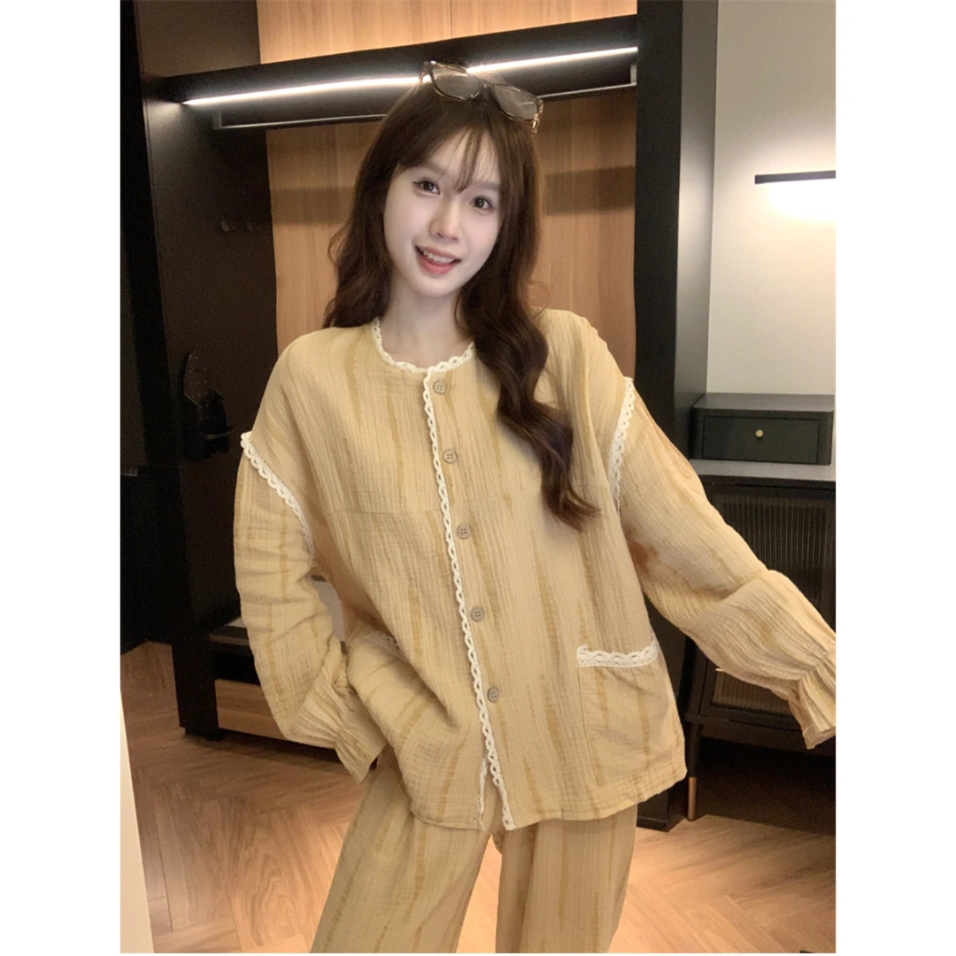 双层棉纱睡衣女款春秋季长袖长裤甜美花边条纹纯棉少女家居服套装