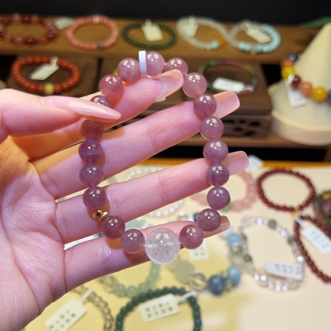 水晶银S925镀金镶嵌手串紫粉2042