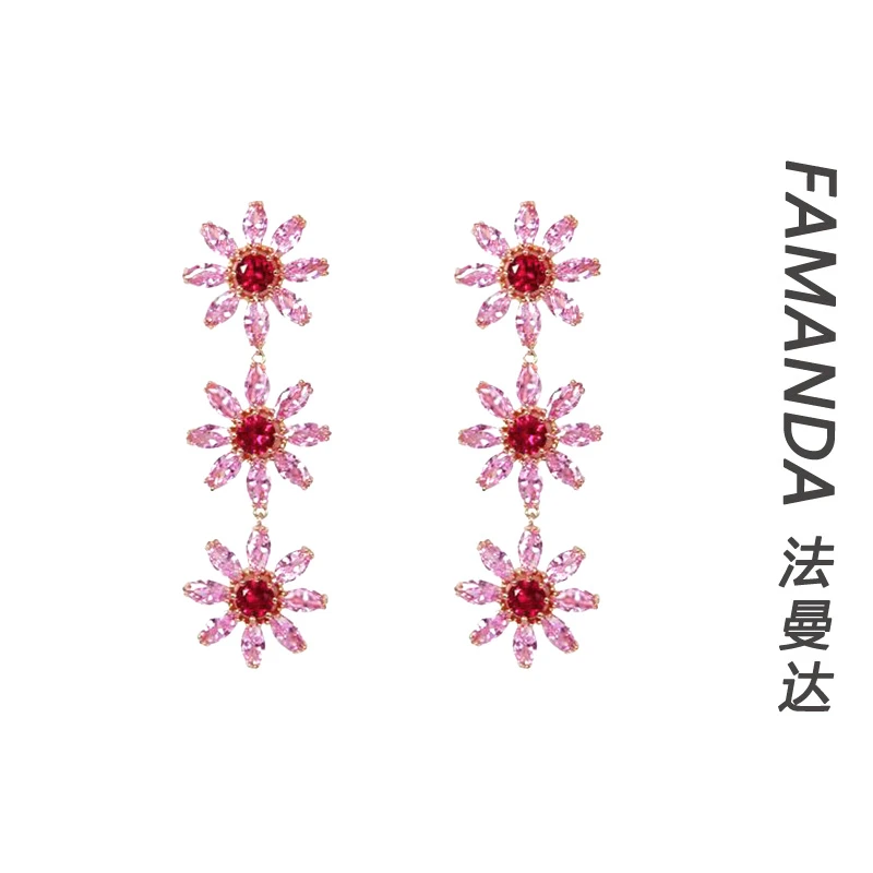 法曼达 铜合金锆石耳饰 【轻奢粉花】花朵镶嵌饰品植物花卉甜美小众