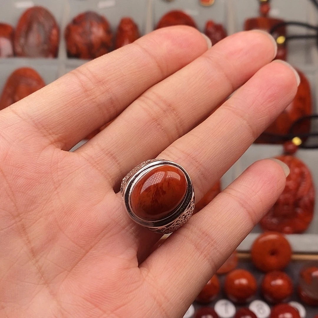 南红玛瑙银S925镶嵌戒指