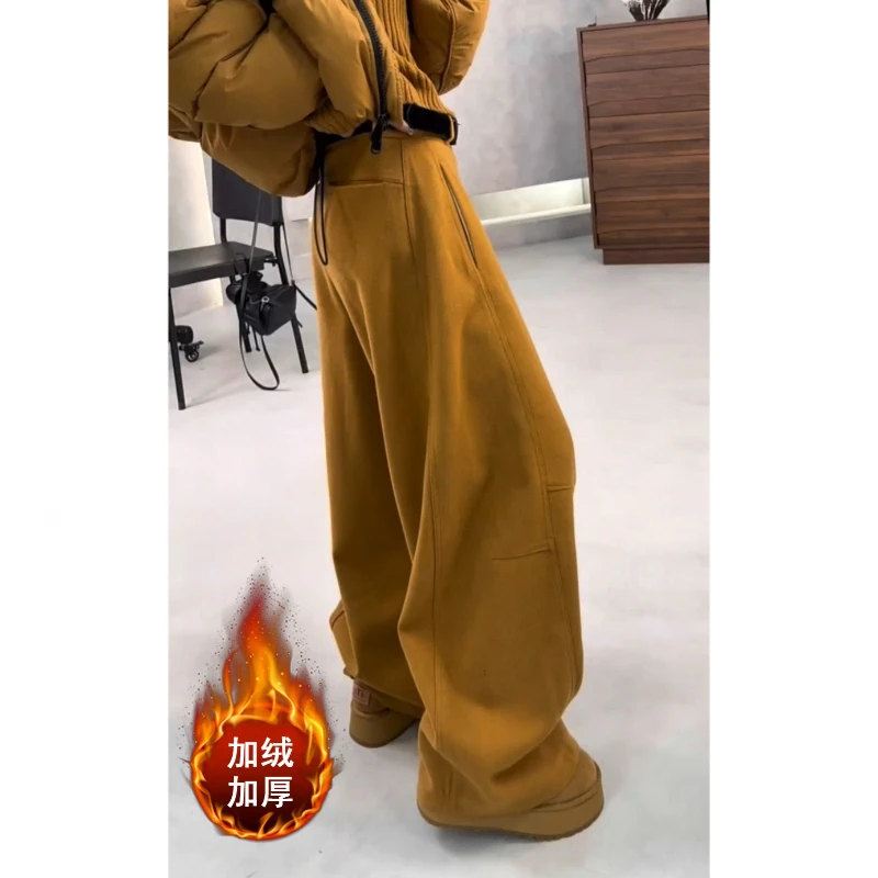 Aimeerosa/艾洛莎韩系加绒百搭毛呢休闲裤2025秋冬高腰宽松阔腿裤