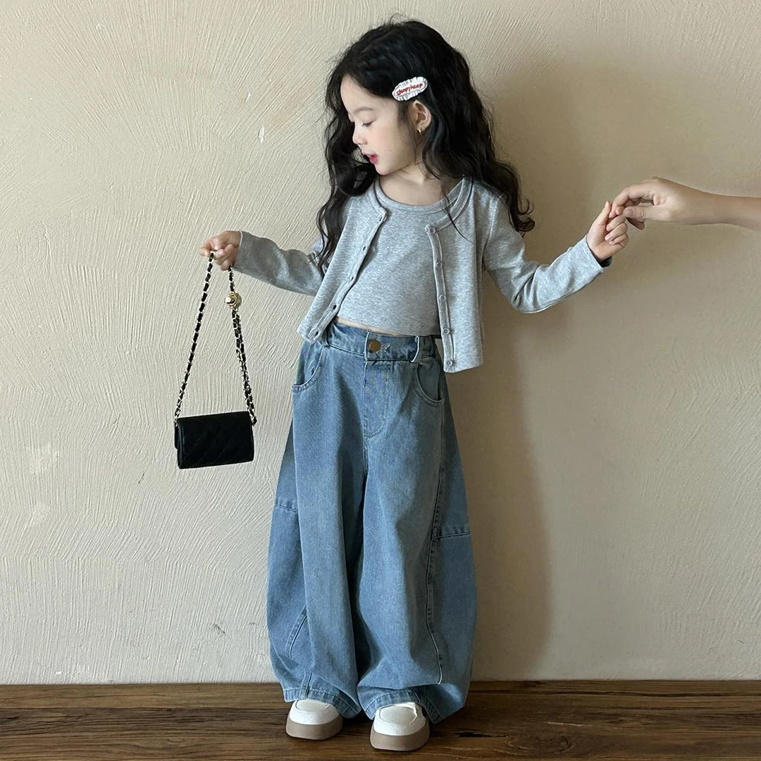 女童套装春装新款韩版洋气儿童外套开衫背心女宝宝休闲弯刀牛仔裤