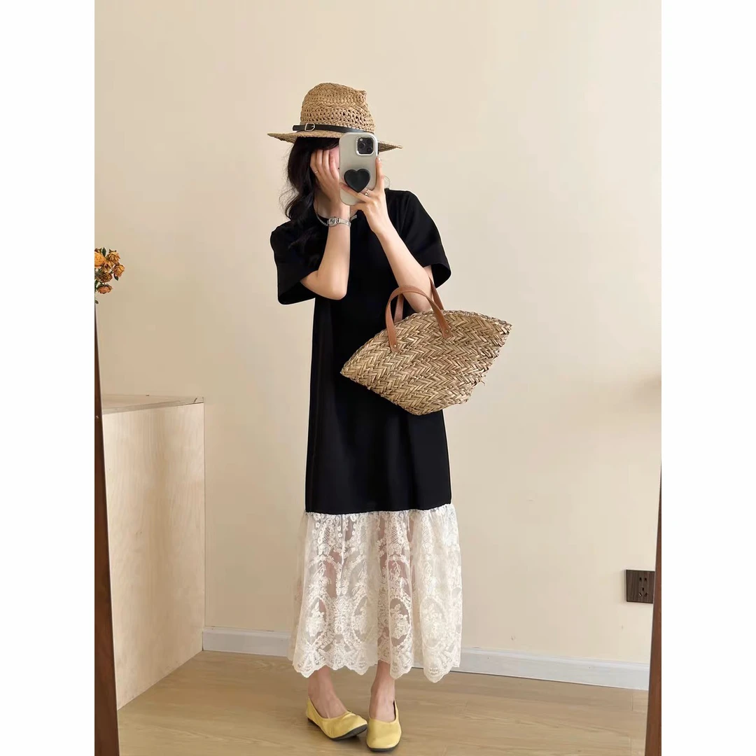 连衣裙2025夏季新款装女欧货气质蕾丝拼接高级感短袖大码t恤裙子