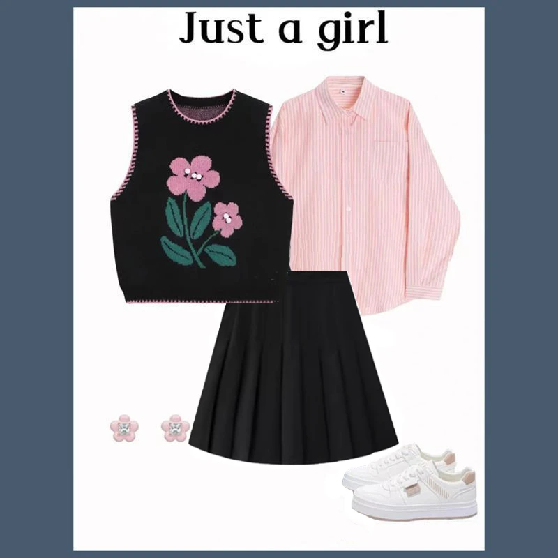 秋季套装女2025新款外穿洋气针织马甲衬衫上衣显瘦百褶短裙三件套