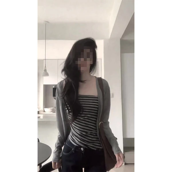 韩系时尚百搭长袖防晒开衫女早秋内搭条纹吊带背心上衣+裤子套装