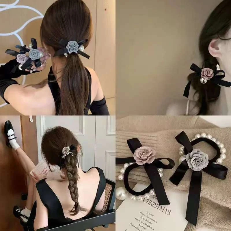 法式气质玫瑰花钉珠发圈时尚百搭蝴蝶结头绳绑发皮筋马尾发绳头饰