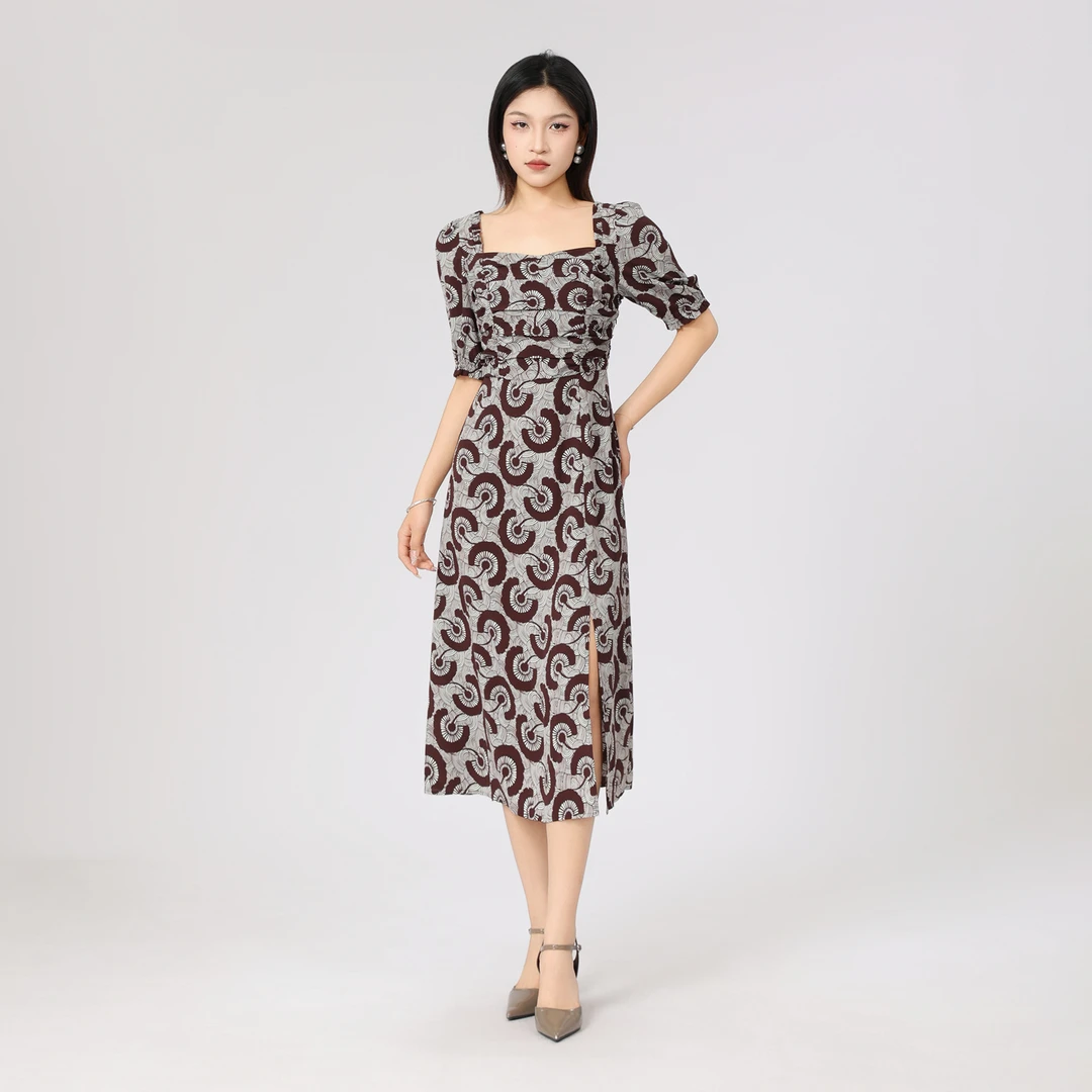 AMASS/阿玛施新款女装法式气质高腰方领印花中长款连衣裙550046