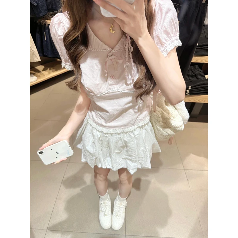 小香风娃娃领短袖t恤卡腰小衫上衣褶皱花苞裙子蓬蓬裙裤高腰短裙